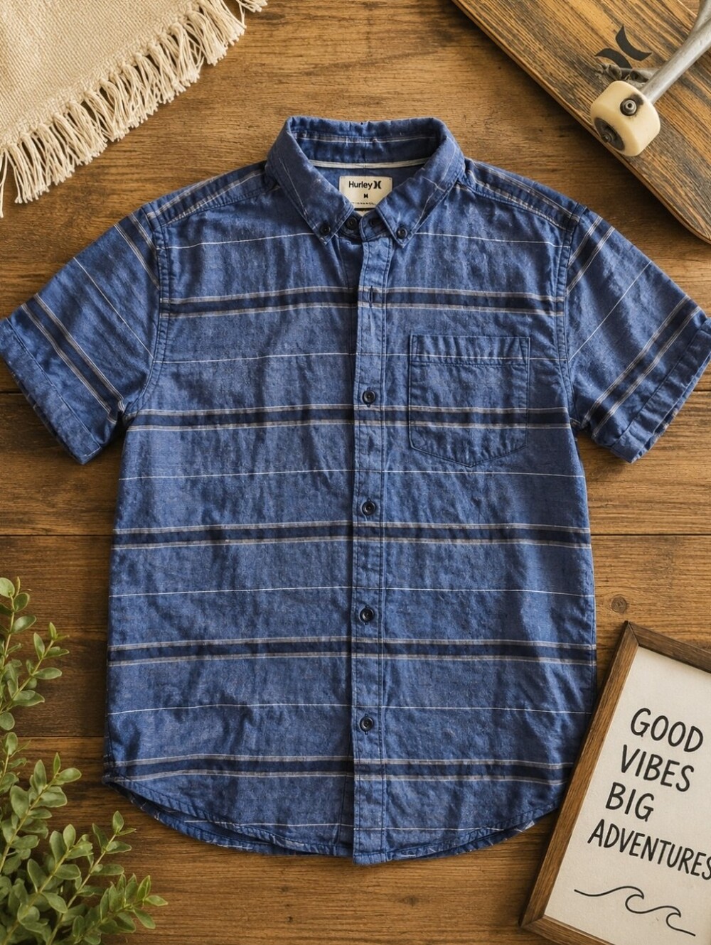 Hurley Boys Blue Stripe Button-Up Shirt Short Sleeve Youth